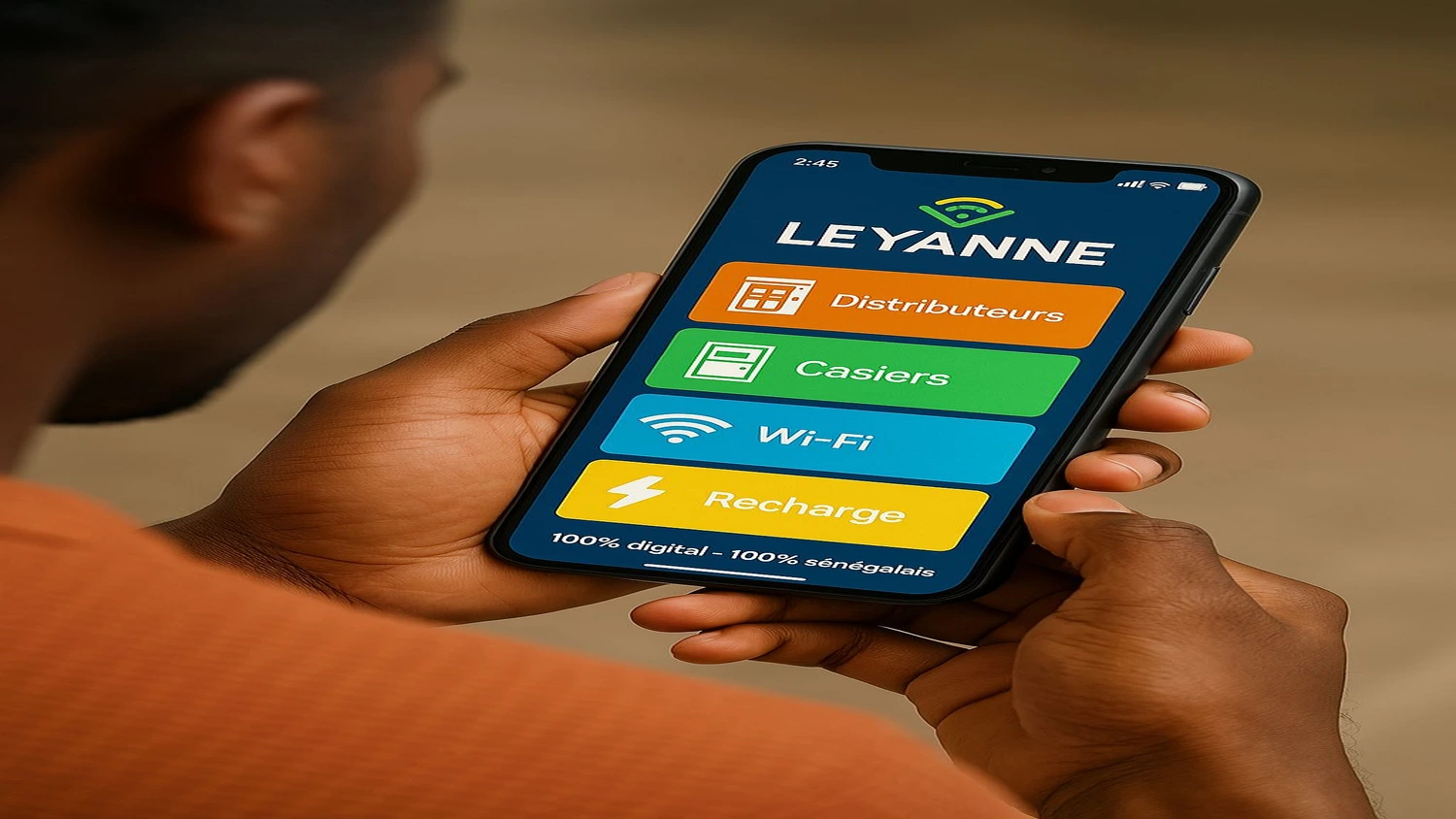 Infographie de LEYANNE présentant des solutions intelligentes : distributeurs, casiers, Wi-Fi, recharge. Mention "2:45 - 100% digital - 100% sénégalais".